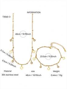 TONSI 1pc Fashionable Luxury Old Money Style Niche Exquisite High-End 18K Gold Plated Stainless Steel Geometric Pattern Hollow Pendant Four-Leaf Clover Zirconia Necklace Bracelet, Low-Allergy Versatile Collarbone Chain, Suitable For Women's Daily, Commute, Birthday, Party Wear, Gift For Friends And Lovers - Gold - View 6