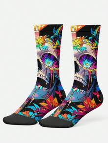 Cool 360° Printed Men's Socks - Streetwear Socks,Colorful Flower Skull,Undead Art Style,Colorful,Funny Socks, Fit Daily, Holiday & Party Occasions - Multicolor - View 3