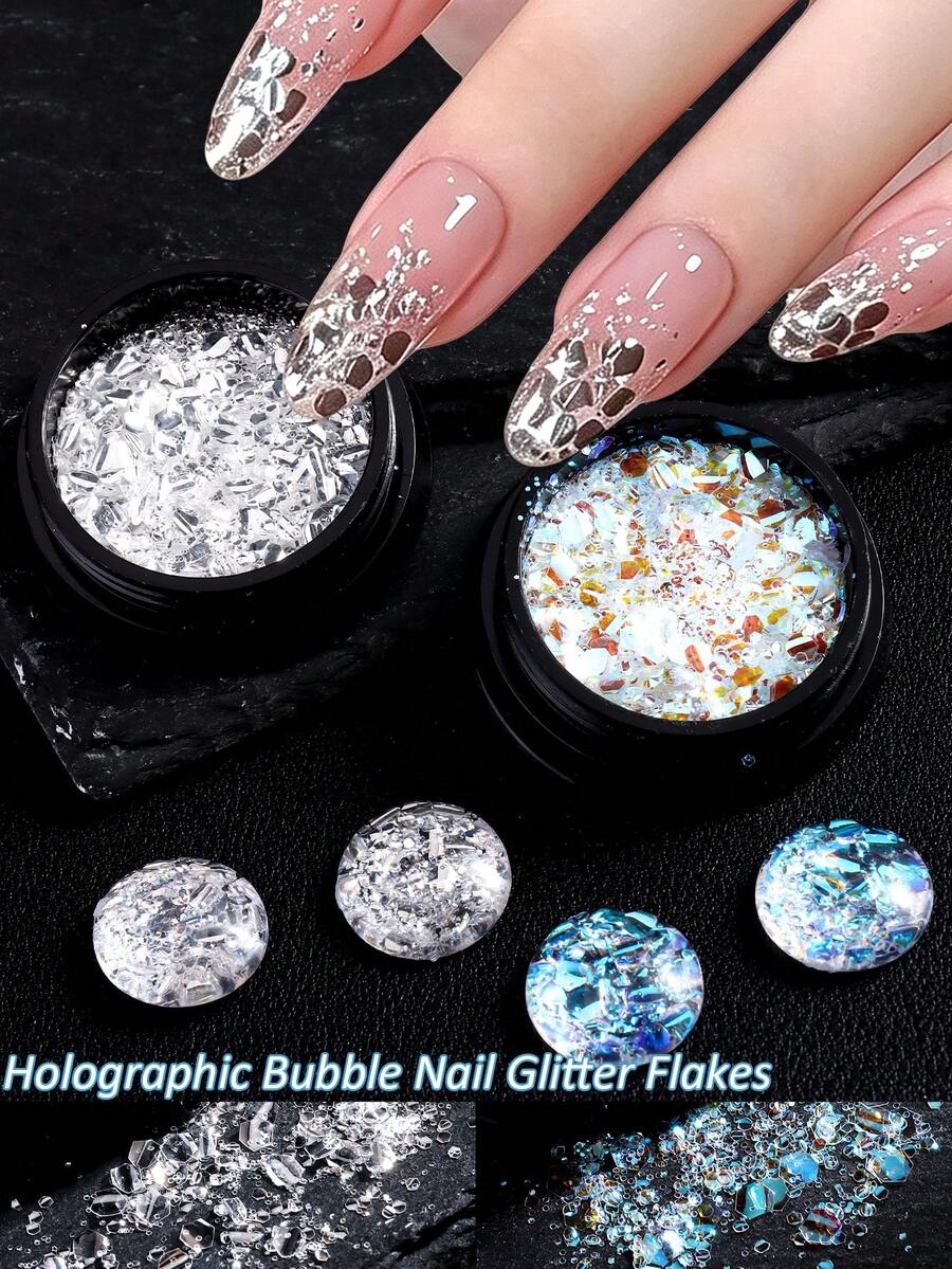 2/1pcs Laser Bubble Effect Nail Glitter, Iridescent Bubble Effect Nail Decoration, Transparent Flake Nail Art Decor (Suitable For Nail Salon And DIY Use) - Multicolor - View 1