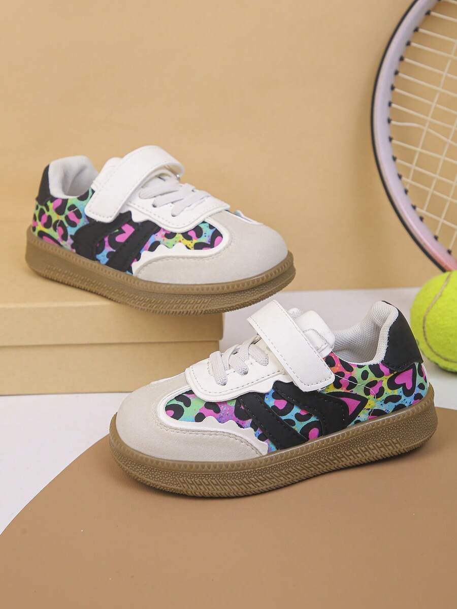 1 Pair Girls' Comfortable Colorful Leopard Print Sneakers, Heart Print Hook & Loop Strap, Non-Slip Rubber Sole, Casual Sports Shoes For All Seasons - Multicolor - View 1