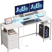 HOMCOM Mesa de Escritorio Mesa de Ordenador con Luces LED Estantes Cajones Tomas de Corriente Puertos USB y Soporte para Monitor para Oficina Estudio 155,5x48x88,5 cm Blanco - Enchufe EU Tipo C(220-240V) - Ver 1