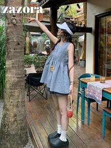 格紋寬鬆版型V領無袖女款上衣，無彈力，可作內搭或外穿，夏季女裝 - 藍白色 - 查看 1