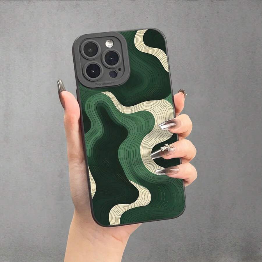 Green Texture Wave UV Print Matte Mobile Phone Case, 360 Degree All-Round Protection For IPhone 11 12 13 14 15 16 Pro Max XR X/ XS 7 8 Plus SE Mini Xmax Smartphones - 黑色 - 查看 1