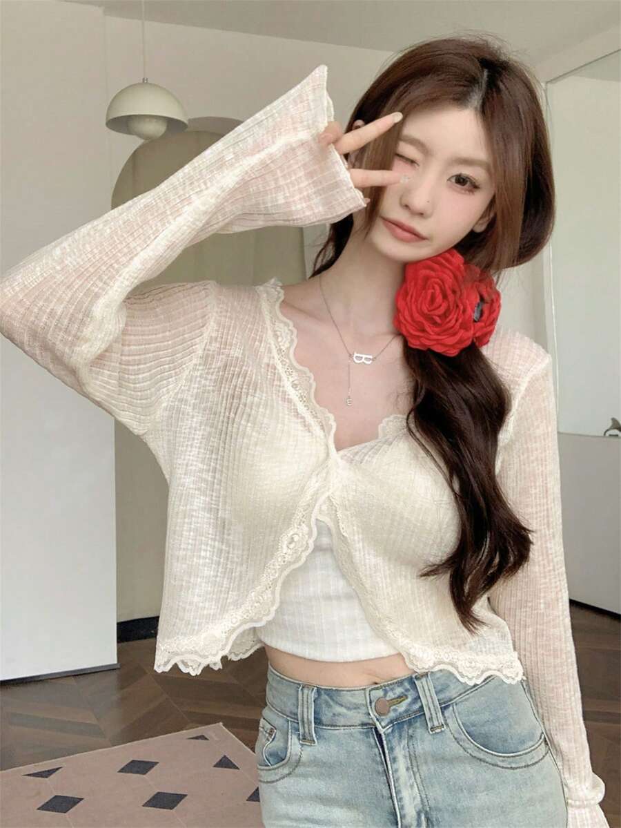 女款藍色蕾絲飾邊V領罩衫，可愛返校風夏季披肩，輕量休閒春季外搭，唯美風格 - 杏色 - 查看 1