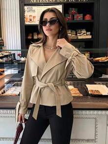 Women's Solid Color Waist Tie Casual Versatile Long Sleeve Jacket - Brown - View 5