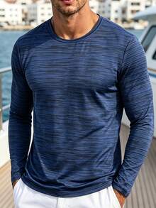 Men's Outdoor Long Sleeve T-Shirt, Horizontal Stripe Design, Suitable For Outdoor Hiking And Camping Activities - Royal Blue - View 1