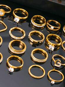 10/20pcs Women's Ring Set, Random Styles, Stainless Steel 18K Gold Plated, Rhinestone Inlaid, Stackable Rings, Daily Women's Jewelry - Yellow Gold - View 2
