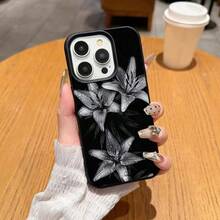 1pc TPU Material Cool Black & White Lily Pattern Phone Case Compatible With IPhone 17 Pro Max/17/16 Pro Max/15/13/12/11/ S20 FE/A15/S24/A55/ Note 11/Note 12/Note 13 Pro Full Coverage Anti-Drop Soft Shell Protective Cover - Black - View 2