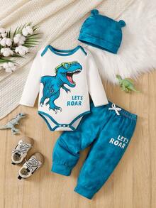 Baby Boy Dinosaur Print Long Sleeve Bodysuit, Pants And Hat 3 Pieces Set, Spring/Autumn - Multicolor - View 2