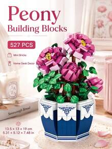 1 Set 527PCS Peony Flower Mini Building Blocks, Pink Potted Plant Botanical Building Block Set, DIY Creative Build, Desk Display Decor, Home Office Shelf Ornament, Gift Idea - Clear - View 6