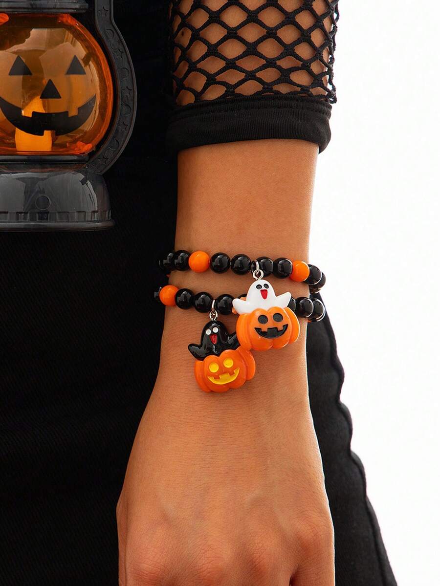 2pcs/Set Fashionable Quirky Halloween Pumpkin Ghost Bracelet, Versatile Ghost Bracelet - Multicolor - View 1