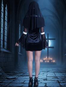 Women's Gothic Cosplay Costume, Black Hollow Out Dress With Veil And Cross Decoration, Suitable For Halloween Party Cosplay - Black - View 3