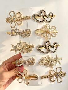 10pcs/Set Exquisite Rhinestone And Faux Pearl Hair Clips, Includes Flower, Star, Heart Styles, Suitable For Parties, Weddings, Perfect As Women's Gifts, Hair Claws, Hair Clips - Multicolor - View 1