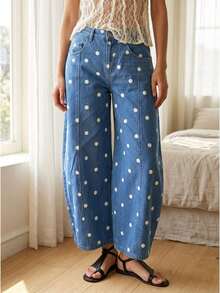 Pants For Women,Women High Waist Polka Dot Barrel Pants, Seam Detail Loose Cropped Casual Denim Trousers - Reddish-brown - View 8