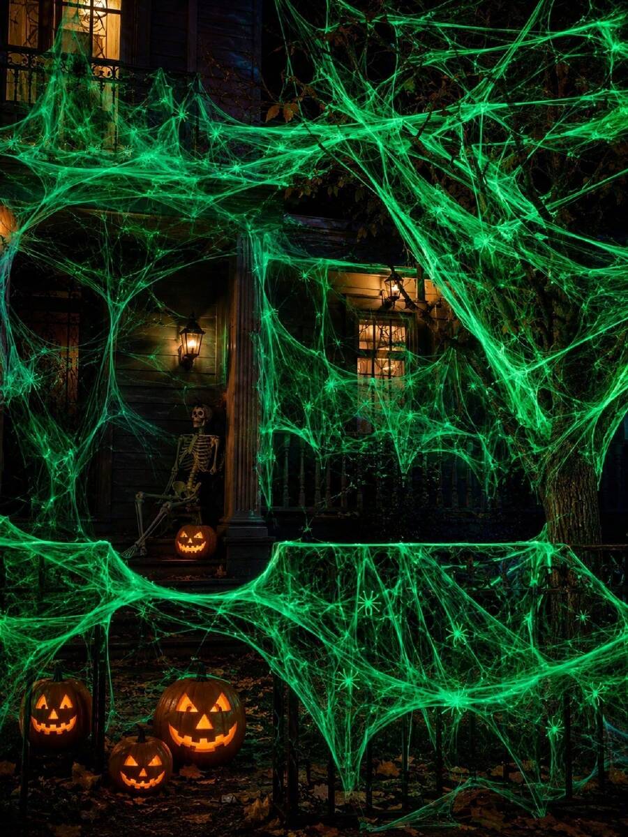 Halloween Fluorescent Spider Web Decoration: Stretchable Artificial Spider Web And Fluorescent Spider, Suitable For Indoor And Outdoor Use, Including Entrance, Porch, Patio, Garden, Lawn And Halloween Party - Multicolor - View 1