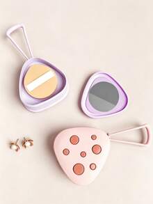 1PC 1PC Triangle Makeup Puff Storage Case, Portable PP Cosmetic Sponge Holder With Mirror, Cute Pink Purple Design Hanging Powder Puff Container, Dustproof Beauty Organizer For Travel Daily Makeup, Party Events And Home Use - Multicolor - View 2