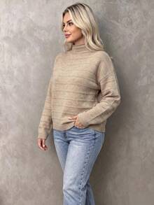 Plus Size Women's Beige Knit Stand Collar Drop Shoulder Long Sleeve Pullover Sweater, Medium Stretch, Standard Length, Autumn/Winter Essential - Apricot - View 2