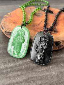 1pc Tadeo Beaded Long Necklace, Suitable For Daily Wear, Novena Prayer, Feast Day, Worship Day, Great Gift (Rust-Proof, Color-Fast) - Green - View 3