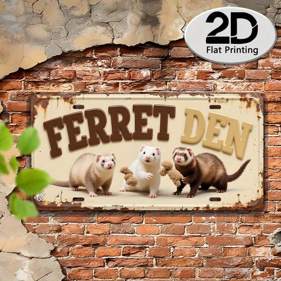 2D Flat Vintage Hamster Nest Metal Sign - 1pc, Wall Art, Featuring 3 Hamsters And "FERRETDEN" Text, Country Style Home Decor, Suitable For Living Room, Patio, Studio (Random Style) - A - View 1