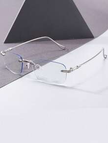 1PC Metal Frameless Rectangular Small Frame Glasses, Pure Desire Elegant Sophisticated Style, Casual Versatile Unisex Minimalist Classic Fashion Plain Lens, Ultra Lightweight Comfortable Wear, Suitable For Street Photography, Back To School, Work - Silver - View 3