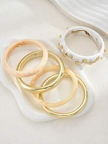 (Color Difference May Occur) 5/3/1pcs Simple Fashion Exaggerated Wide Rivet Round Geometric Asymmetrical Bracelet Set For Women, Sisters, Vacation, Date, Gift, Daily Casual, Party, Wedding - Multicolor - View 7