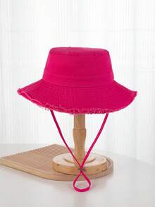 1pc Unisex Y2K Style Frayed Edge Bucket Hat, Outdoor Sun Protection Hat Suitable For Outdoor Sports, Sunshade And Daily Commute - Hot Pink - View 4
