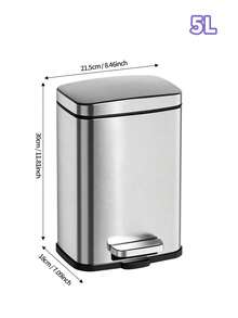 5L Metal Square Pedal Trash Can With Soft-Close Lid, Stainless Steel Luxury Household Living Room Bedroom Kitchen Garbage Bin, Quiet Pedal-Operated Indoor Trash Can With Removable Inner Bucket - View 8