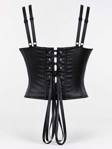 Apperloth A Elegant Black Satin Corset Tops Double Spaghetti Strap Boned Bustier Shapewear Tie Backless Crop Cami Tank Top For Women Going Out Rave Party Summer - Black - View 7