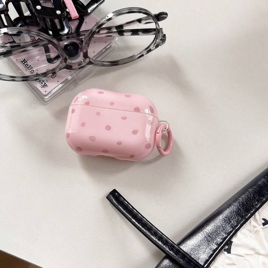 粉色波點簡約設計耳機保護殼 + 掛環套組，適用於 Apple AirPodsPro2/AirPodsPro/AirPods4/AirPods3/AirPods2