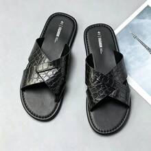 Men's Crocodile Embossed Cross Strap Sandals, Fashion Open Toe Faux Leather Slippers, Non-Slip Soft Sole Casual Outdoor Beach Summer Walking Roman Slides - Black - View 3