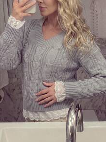 Cable Knit V-Neck Sweater With Lace Trim - Comfortable Loose Pullover For Autumn, Suitable For Casual Daily And Campus Style Fall - Grey - View 3