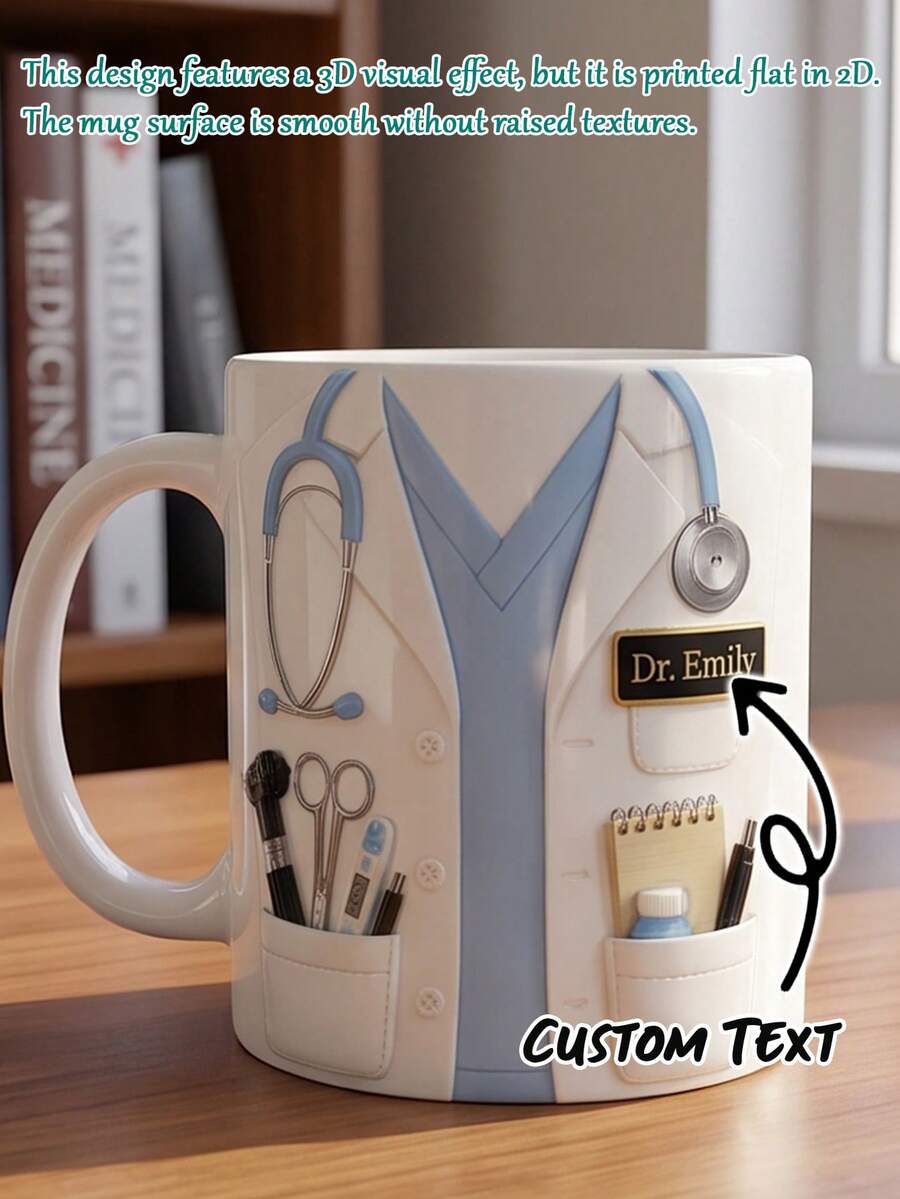Personalized Doctor White Coat Pattern 11oz Mug, Customizable Name Stethoscope Medical Theme Coffee Cup, Doctor Nurse Physician Gift - White-blue Doctor Style - View 1