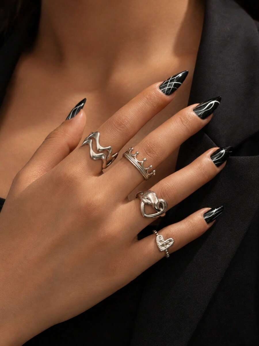 304 Stainless Steel Heart-Shaped Combination Ring Set, Multiple Styles - Heart-shaped, 4 Pieces - View 1