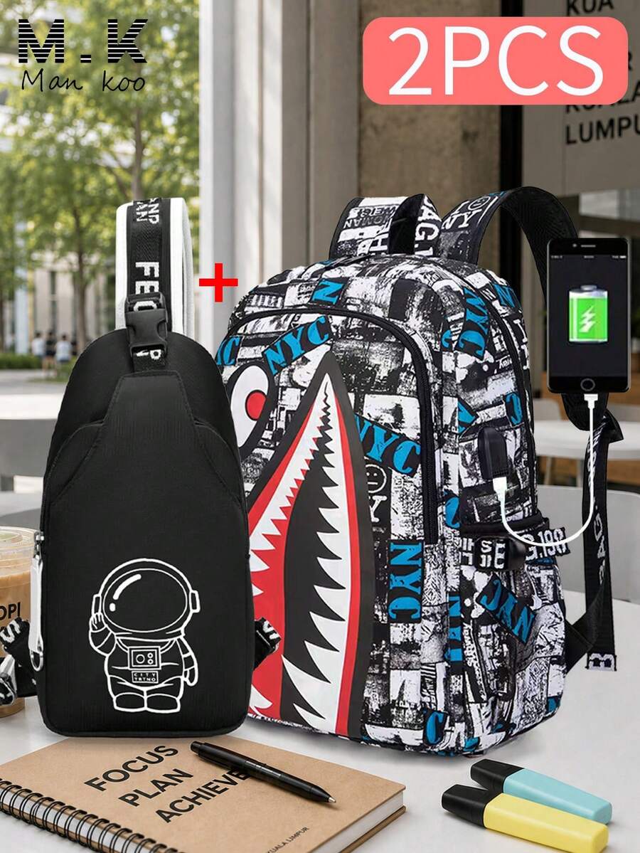 2pcs Shark Backpack + Chest Bag Set, Large Capacity Oversized Backpack, Personalized Full Print School Bag, Suitable For School, Crossbody, - Multicolor - View 1