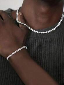 2pcs/Set Men's Diamond Inlaid Square Claw Chain Necklace And Bracelet Set, Hip-Hop Style Design, Also Suitable For Casual Daily Wear. - Multicolor - View 10
