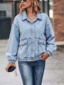 Jaket Denim Cuci Wanita HAPPY GIRL untuk Musim Semi dan Gugur, Serbaguna, Modis, Nyaman, untuk Liburan, Harian, Perjalanan, Bandara, Kencan, Kuliah, Komuter dan Outdoor - Biru - View 5