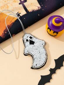 1pc Halloween Seed Bead Handmade Sewn Pumpkin Ghost 3D Funny Design Women's Bag Keychain Pendant,Bag Charms - White - View 4