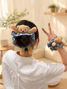 1PC Cute Plush Teddy Bear Plaid Scrunchie, Oversized Ruffle Hair Tie For Women & Girls, Sweet Kawaii Ponytail Bun Hair Accessory - Multicolor - View 3