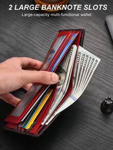 VINCESS Vintage Style Men's Wallet - Genuine Leather Material RFID Blocking Ultra-Thin Design - Fashionable Color Matching, Men's Card Holder Coin Pouch Coin Purse Multi-Function Wallet, Suitable For Daily Use And Holiday Gifts - Red - View 4