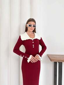 Women's Ruffled Pearl Button Detailed Dress - Burgundy - View 2