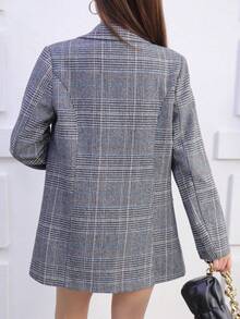 女款寬鬆 H 型格紋西裝外套，格紋圖案，優雅通勤休閒穿搭，適合春季、秋季與冬季，百搭時尚格紋上衣，女款休閒夾克 - 灰底藍格紋 - 查看 5