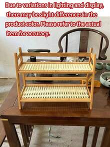 5PCS/1PC Ins Vintage Style Rattan Material Double-Tier Rectangular Shape Featuring Woven Mesh Shelves And Space-Saving Storage Function Desktop Organizer Shelf Suitable For Office Desk And Bedroom Vanity Decoration - Multicolor - View 12