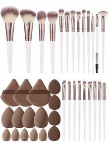 16/22/38Pcs All‑In‑One Makeup Tool Kit With 22pcs White Handle Makeup Brushes, Soft Synthetic Face & Eye Brushes, Assorted Makeup Sponges, Triangle Powder Puffs, Mini Puffs, Versatile Cosmetic Blending Tools For Daily Face Makeup - Multicolor - View 14