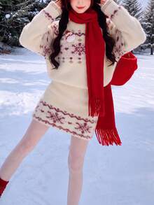 Women's New Autumn/Winter Atmosphere Pattern Pullover Sweater And Skirt 2 Pieces Set, Suitable For Christmas - Red and White - View 3