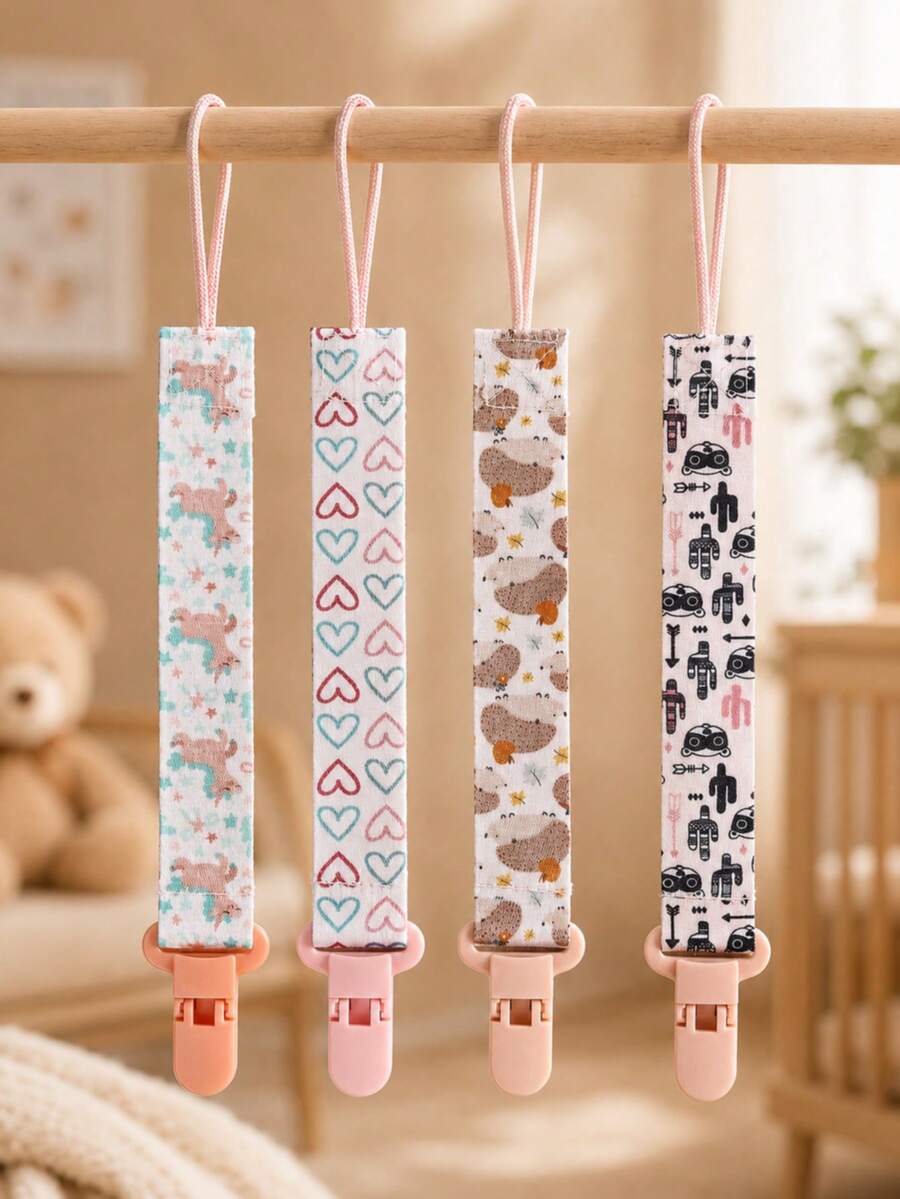 1/2/3/4/6pcs Rantai Empeng Bermotif Dua Sisi, Tali Gantungan Klip Empeng Bayi Perempuan, Tali Empeng Anti Jatuh dengan Klip, Tali Gantungan Mainan Kunyah - MultiWarna - View 1