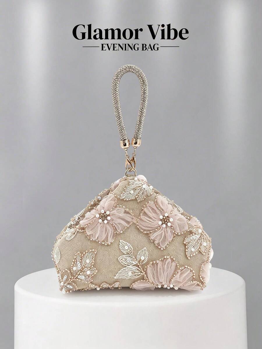 晚宴亮片手拿包，亮片刺繡工藝，3D花卉（隨機圖案），必備婚禮配件，情人節禮物，適用於婚禮、度假、畢業季、晚宴及其他正式場合，亦可作為日常穿搭的多功能配件，百搭風格