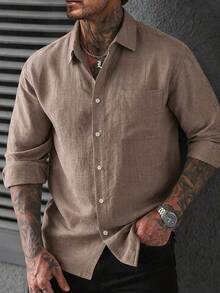 Men's Coffee Color Patch Pocket Vacation Style Short Sleeve Shirt - Khaki - View 1