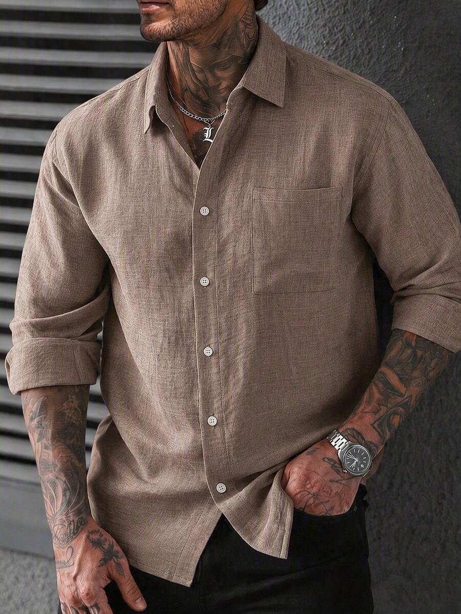 Men's Coffee Color Patch Pocket Vacation Style Short Sleeve Shirt - Khaki - View 1