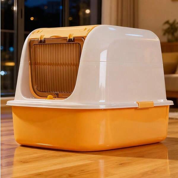 1pc Double-Leak Design Flip-Top Cat Litter Box, Plastic Covered Cat Litter Box For Small, Medium, Large Cats; Enclosed Small Cat Litter Tray Toilet With Scoop