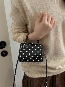 Mini Polka Dot Pattern Fashion PU Designer Style Elegant Women's Flap Top Small Handbag, Square Crossbody Shoulder Bag - Black - View 2